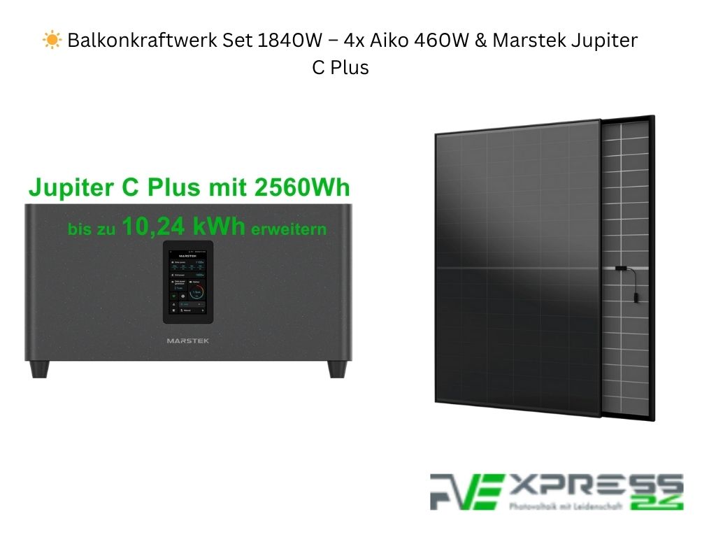 Balkonkraftwerk Set 1840W – Marstek Jupiter C Plus & 4x Aiko 460W