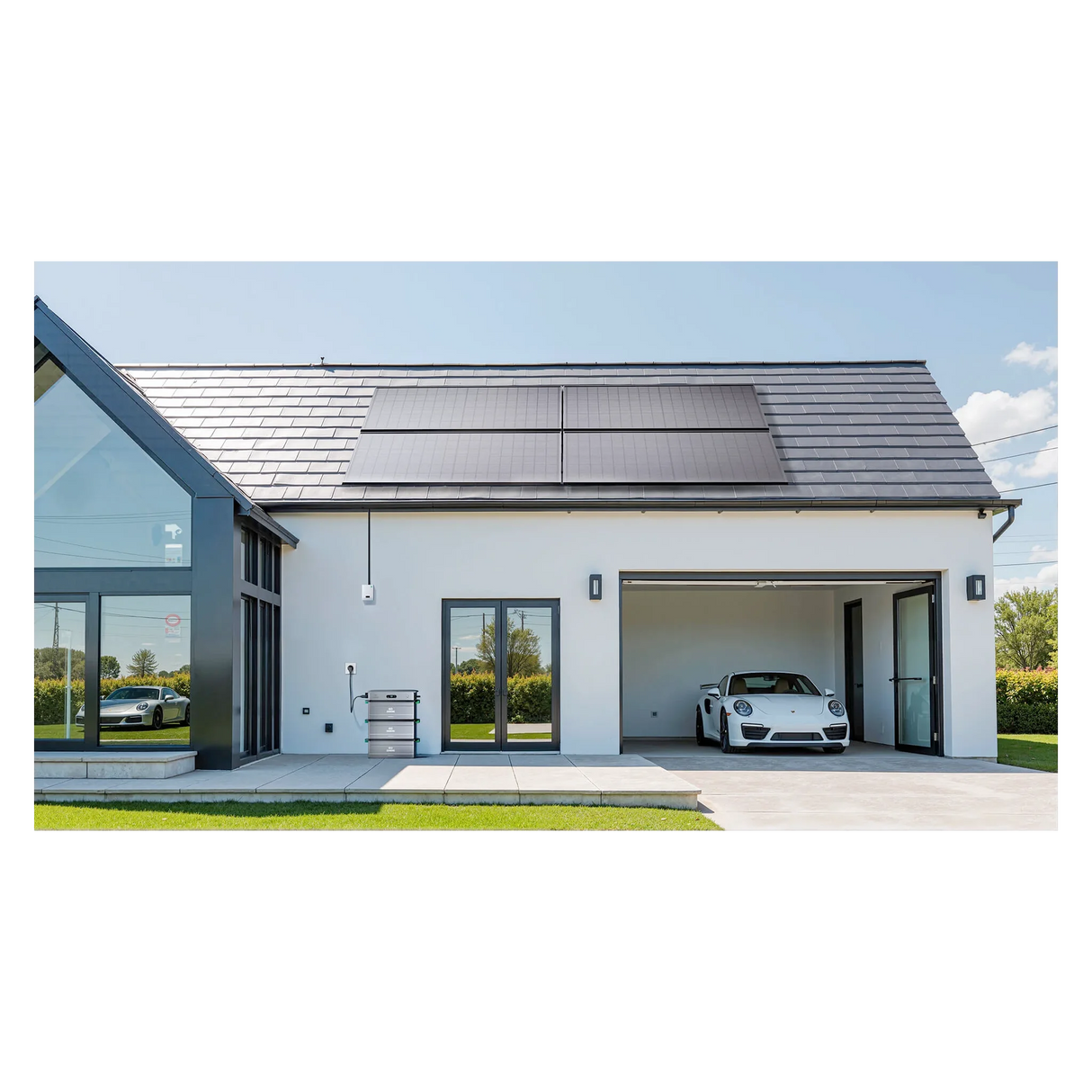 SolarFlow 2400 AC gekoppelte Wechselrichter am Haus neben Garage